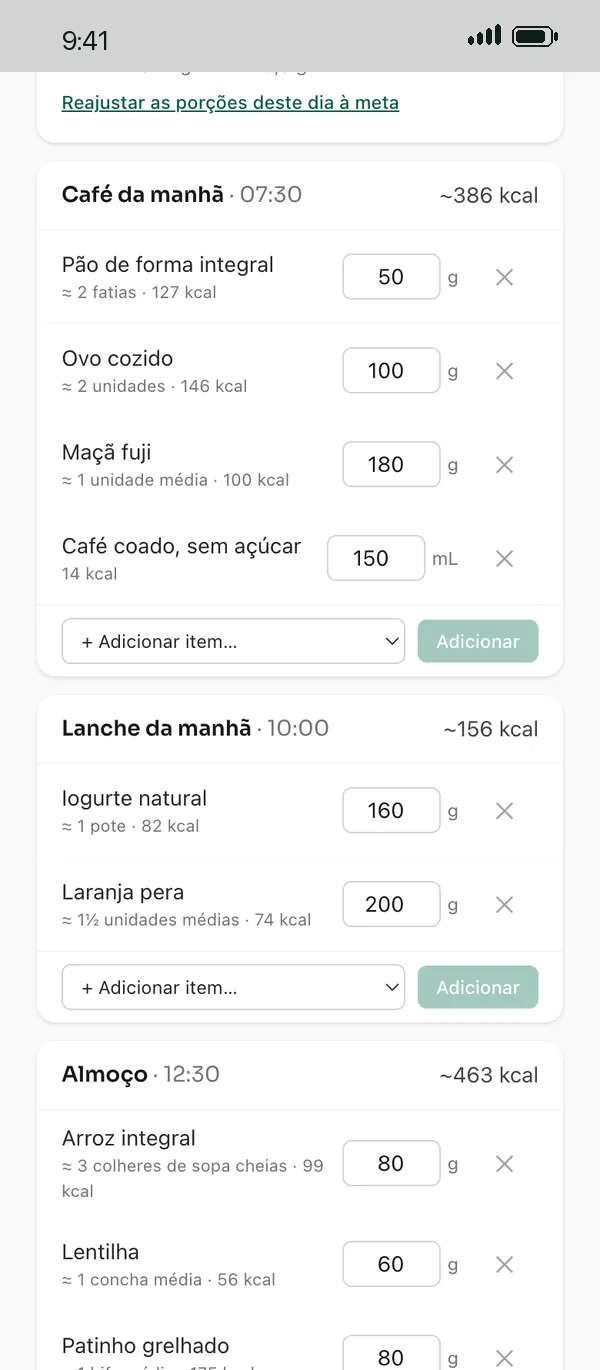 Editor do cardápio com gramas e medidas caseiras por refeição