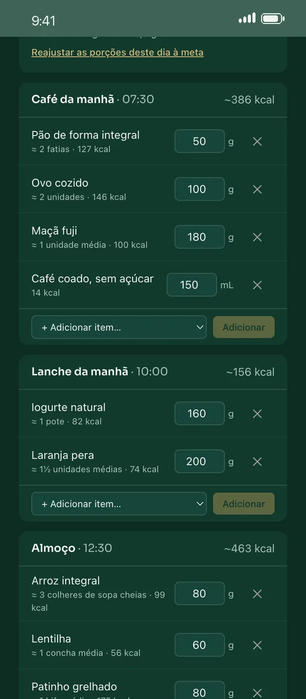 Editor do cardápio com gramas e medidas caseiras por refeição