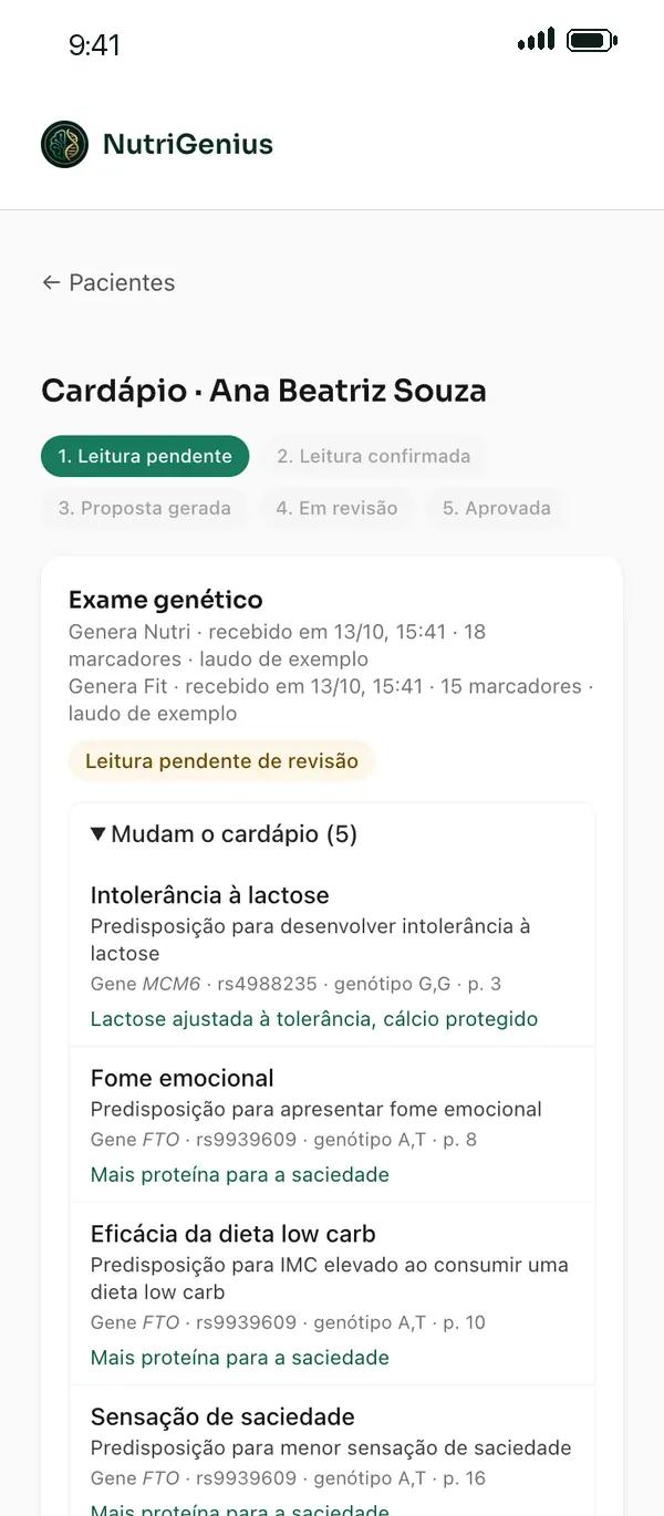 Tela da nutricionista conferindo a leitura do exame, gene por gene