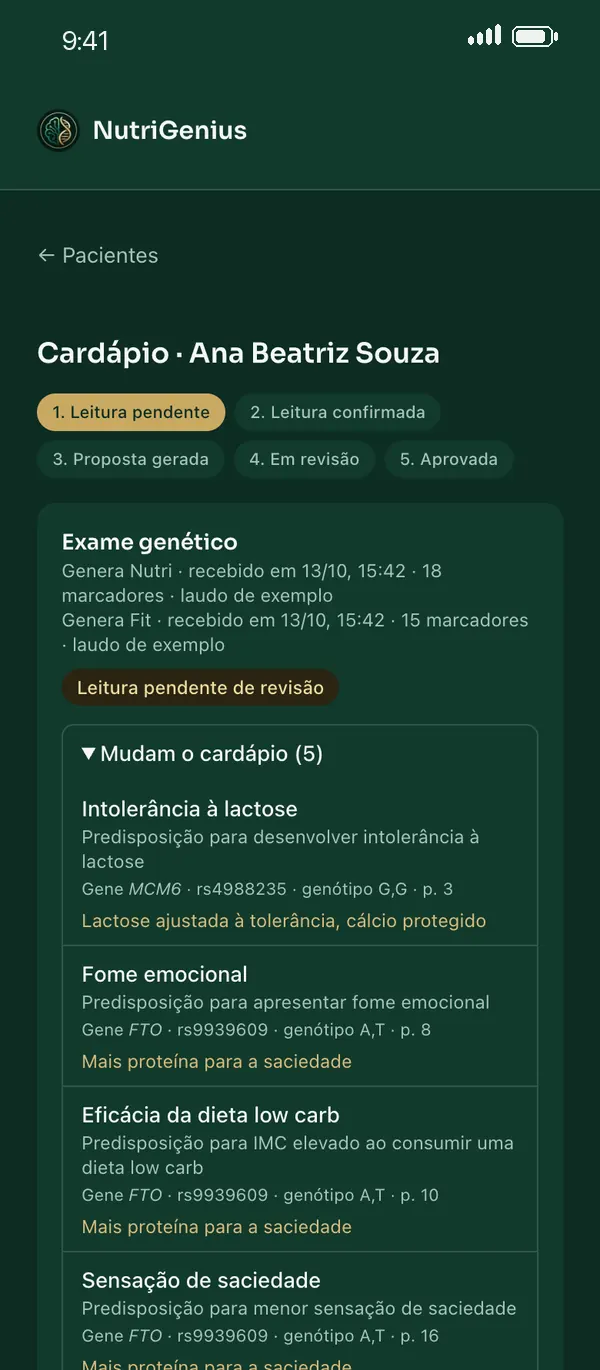 Tela da nutricionista conferindo a leitura do exame, gene por gene