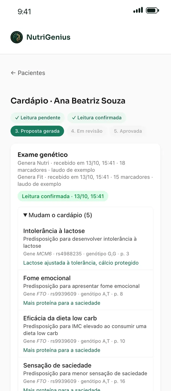 Tela da nutricionista com a proposta de cardápio gerada a partir do laudo