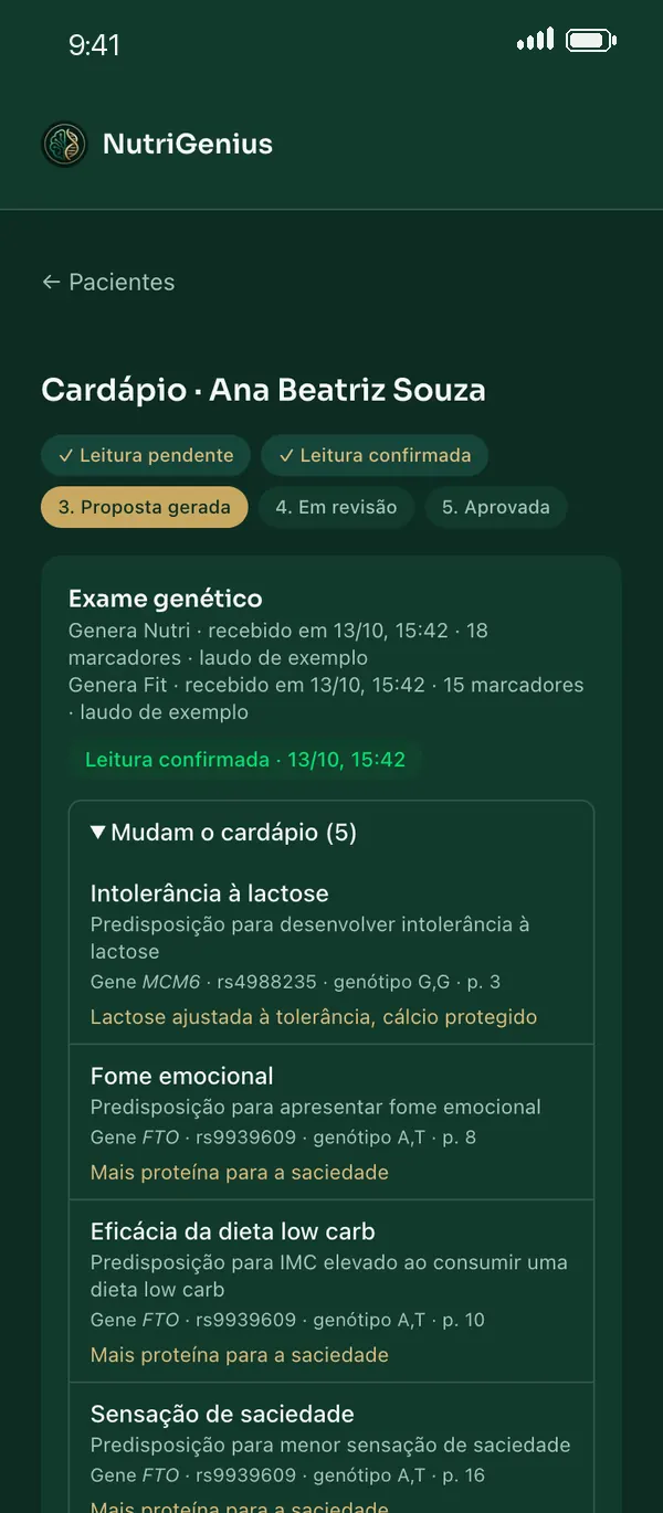 Tela da nutricionista com a proposta de cardápio gerada a partir do laudo
