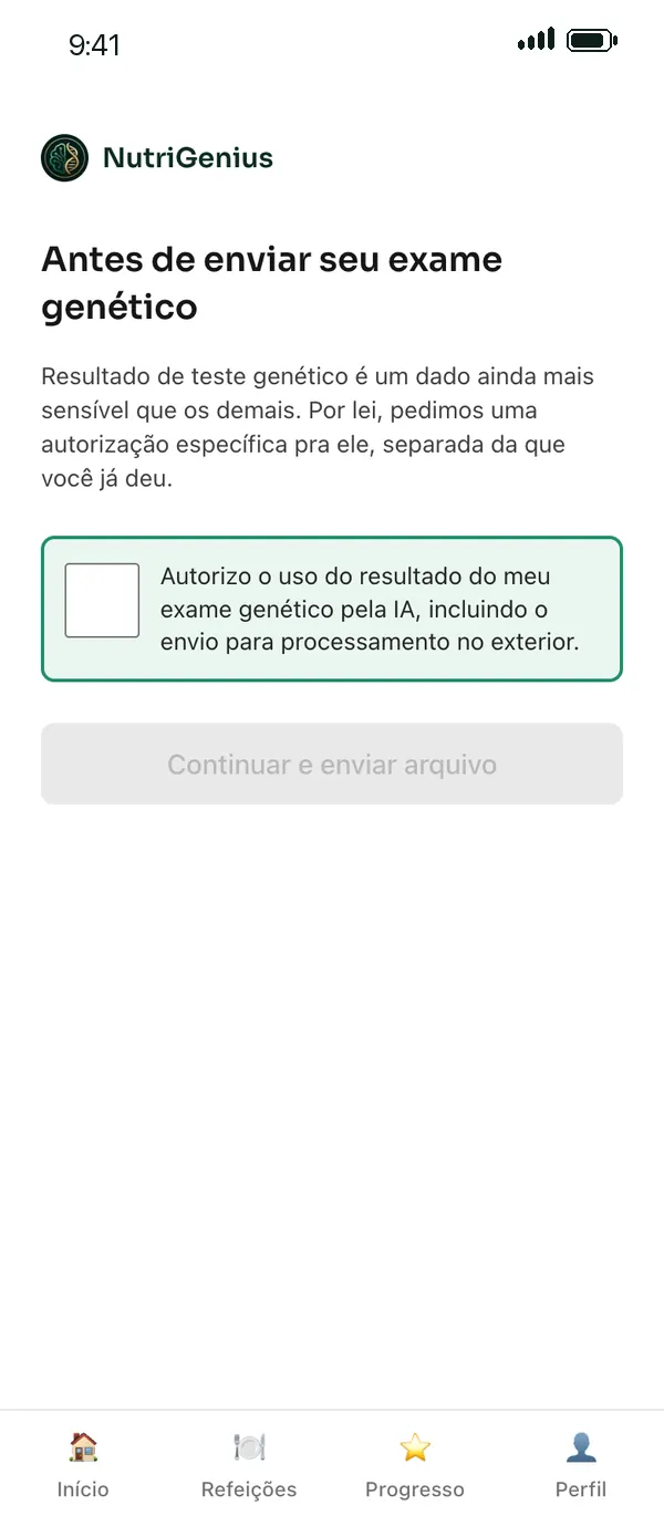 Tela de autorização antes de enviar o exame genético