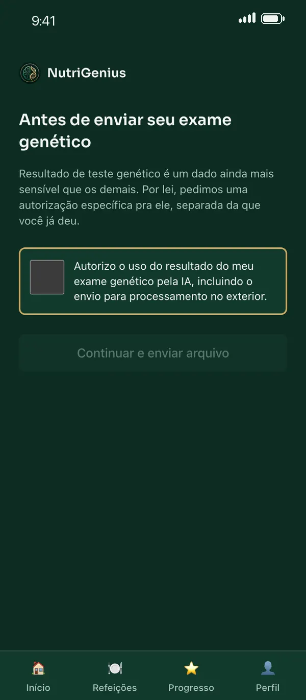 Tela de autorização antes de enviar o exame genético