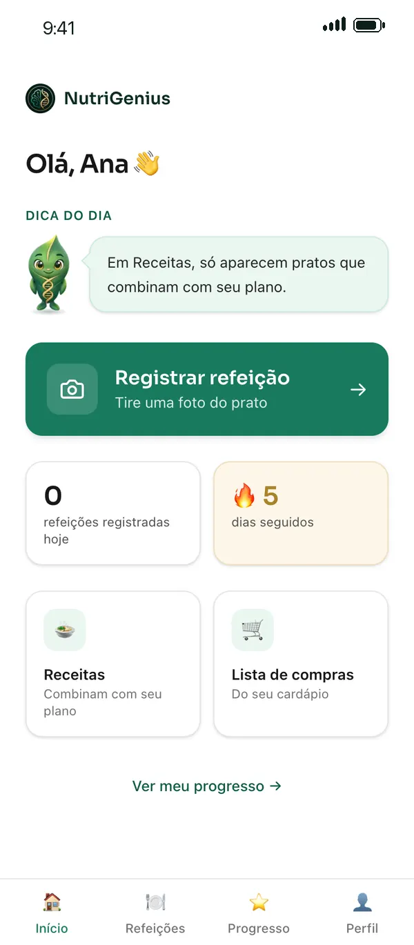 Tela inicial do app com atalhos para registrar refeição, receitas e lista de compras