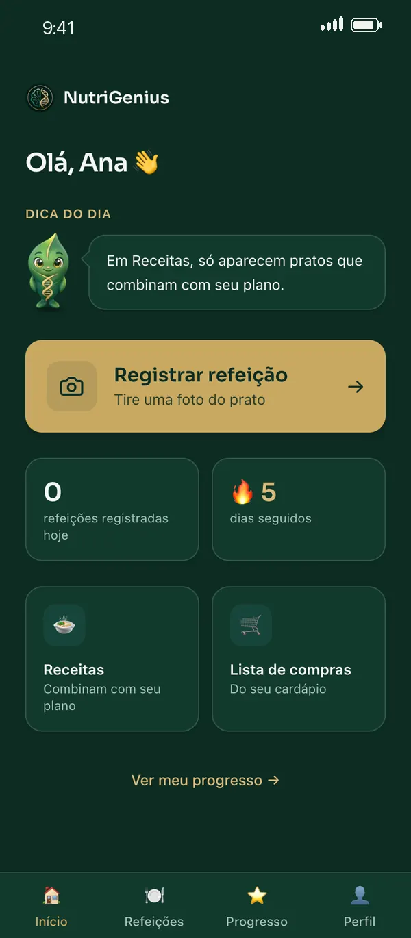 Tela inicial do app com atalhos para registrar refeição, receitas e lista de compras