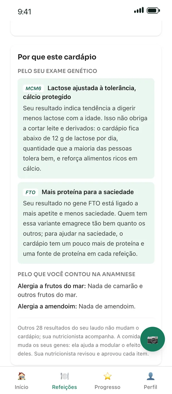 Seção Por que este cardápio, explicando os ajustes por gene