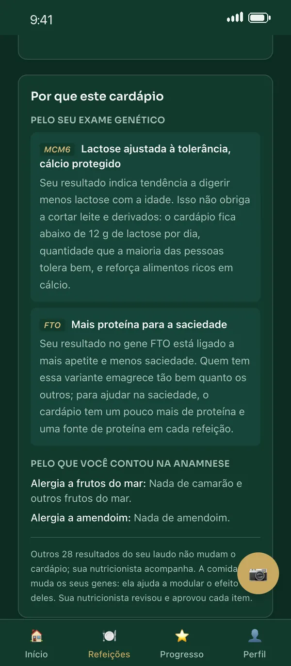 Seção Por que este cardápio, explicando os ajustes por gene