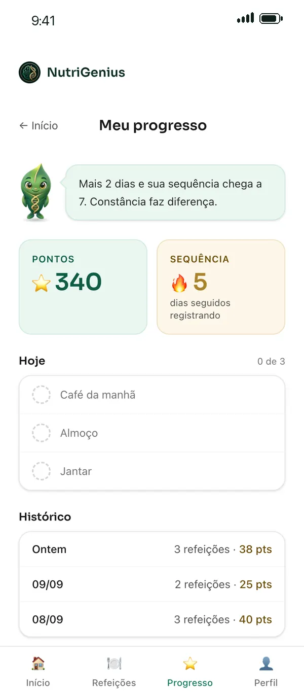 Tela de progresso com pontos e dias seguidos