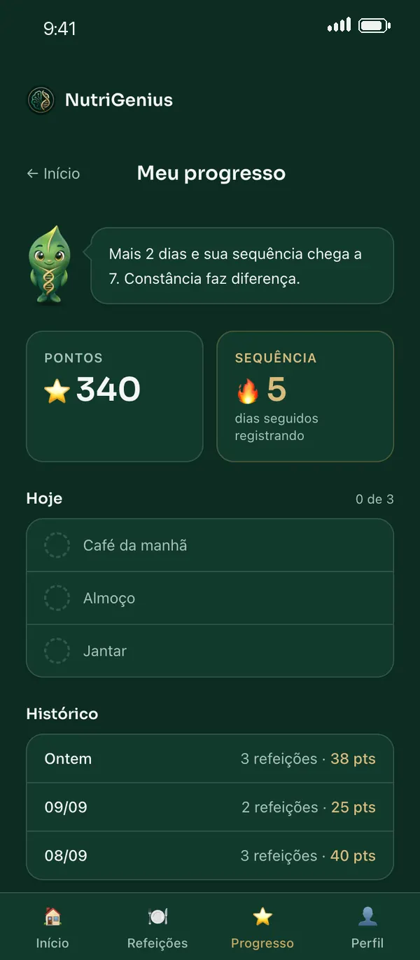 Tela de progresso com pontos e dias seguidos